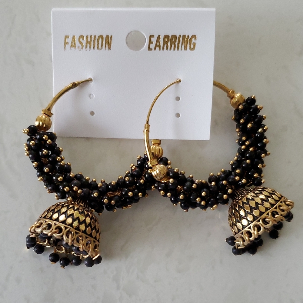 Gold and Black Beaded Jhumka Hoop Earrings - New